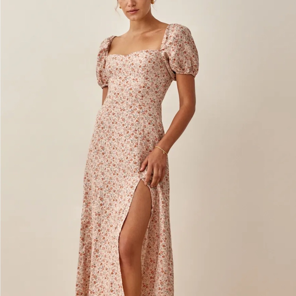Reformation Floral Puff-Sleeve Midi Dress in Blush